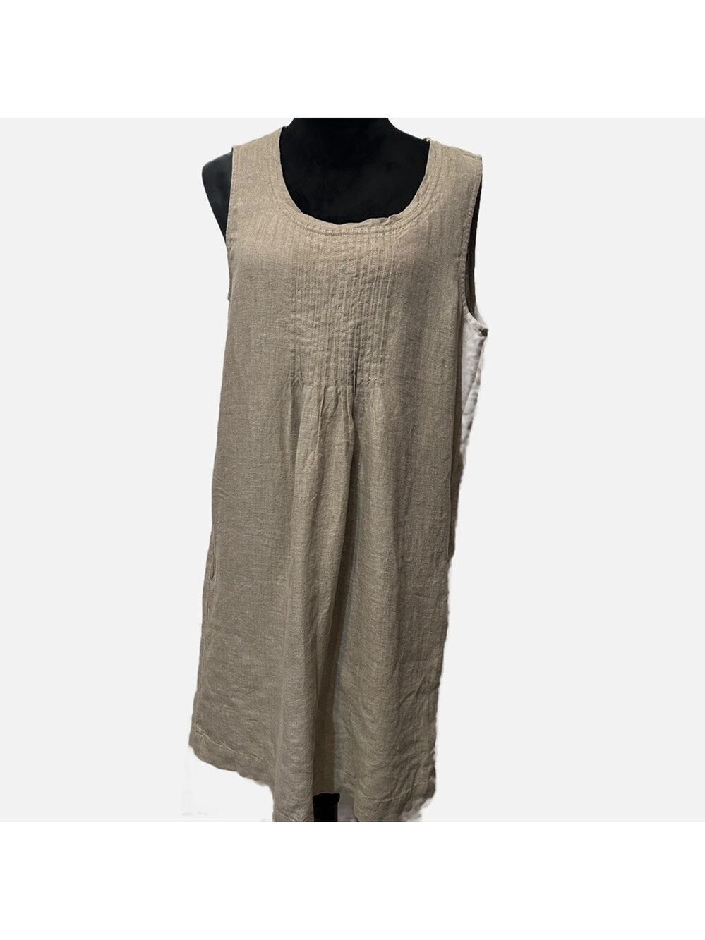 Garnet Hill Linen A-Line Tank Dress Wheat Tan Pleated Neck 12 Lagenlook Casual